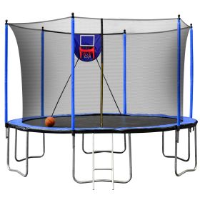 15FT Trampoline with Basketball Hoop Inflator and Ladder, 6pcs extra safety net pole sleeves- Blue