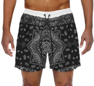 Paisley Bandana Print Swimming Shorts (Color: Black, size: L)